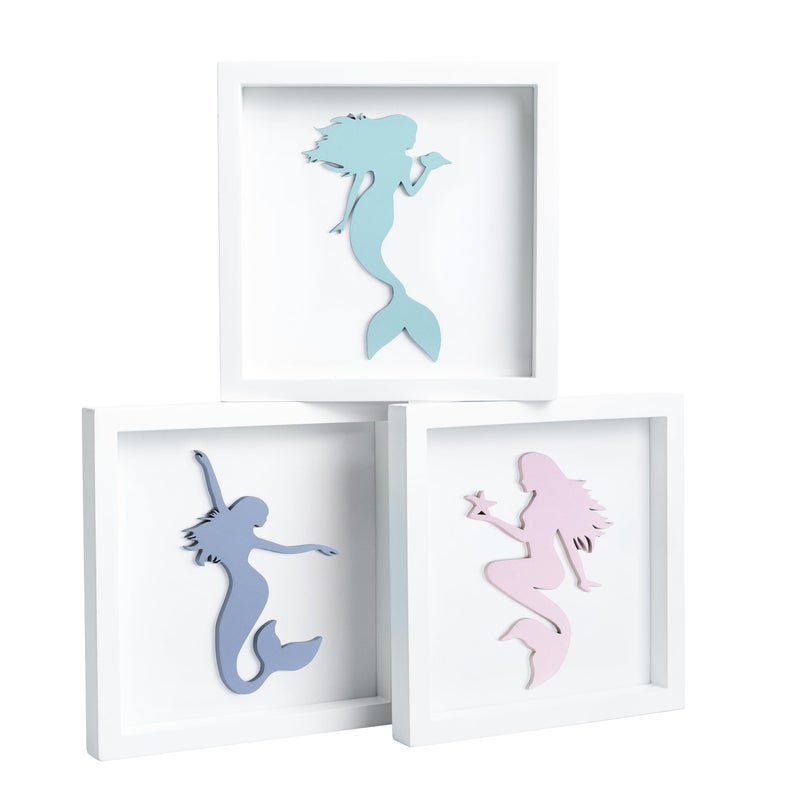 Tide and Tales Elegant 3D Mermaid Wall Decor, Framed Wooden Set of 3 Silhouettes in Pastel Colors, Mermaid Bathroom Decor, Ocean Room Decorations for Girls Bedroom, Ocean Wall Art - Image 1